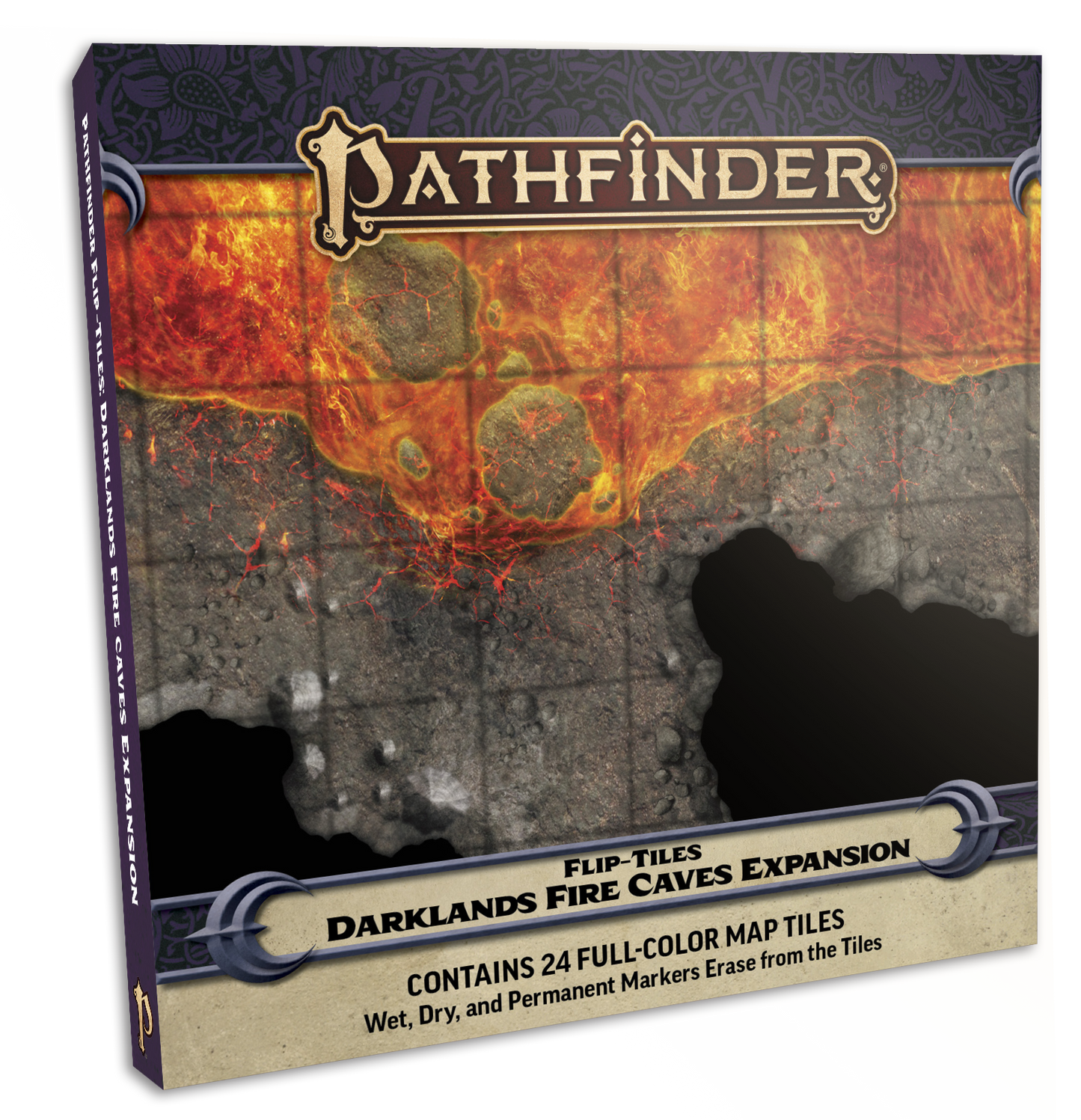 Pathfinder Flip-Tiles: Darklands Fire Caves Expansion box art showing lava caverns with rocky terrain and a game grid.