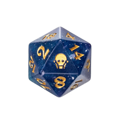 Galaxy blue and purple D20 dice with shimmering gold numbers and a prominent gold skull symbol