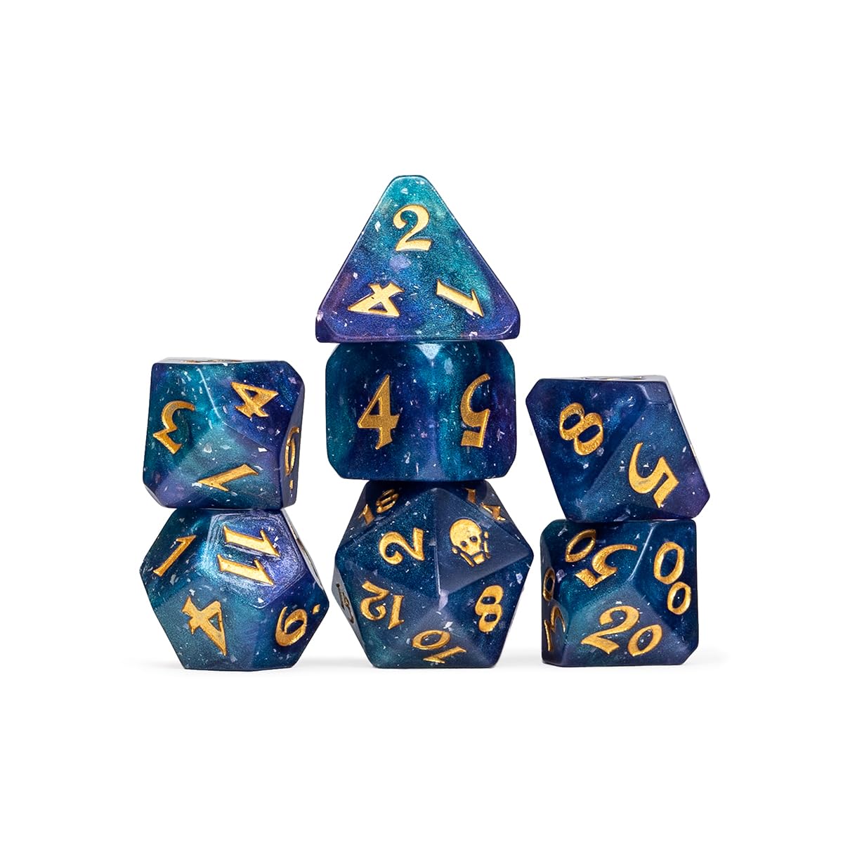 Seven blue-green swirl polyhedral dice with gold numbers & white speckles, one showing a skull