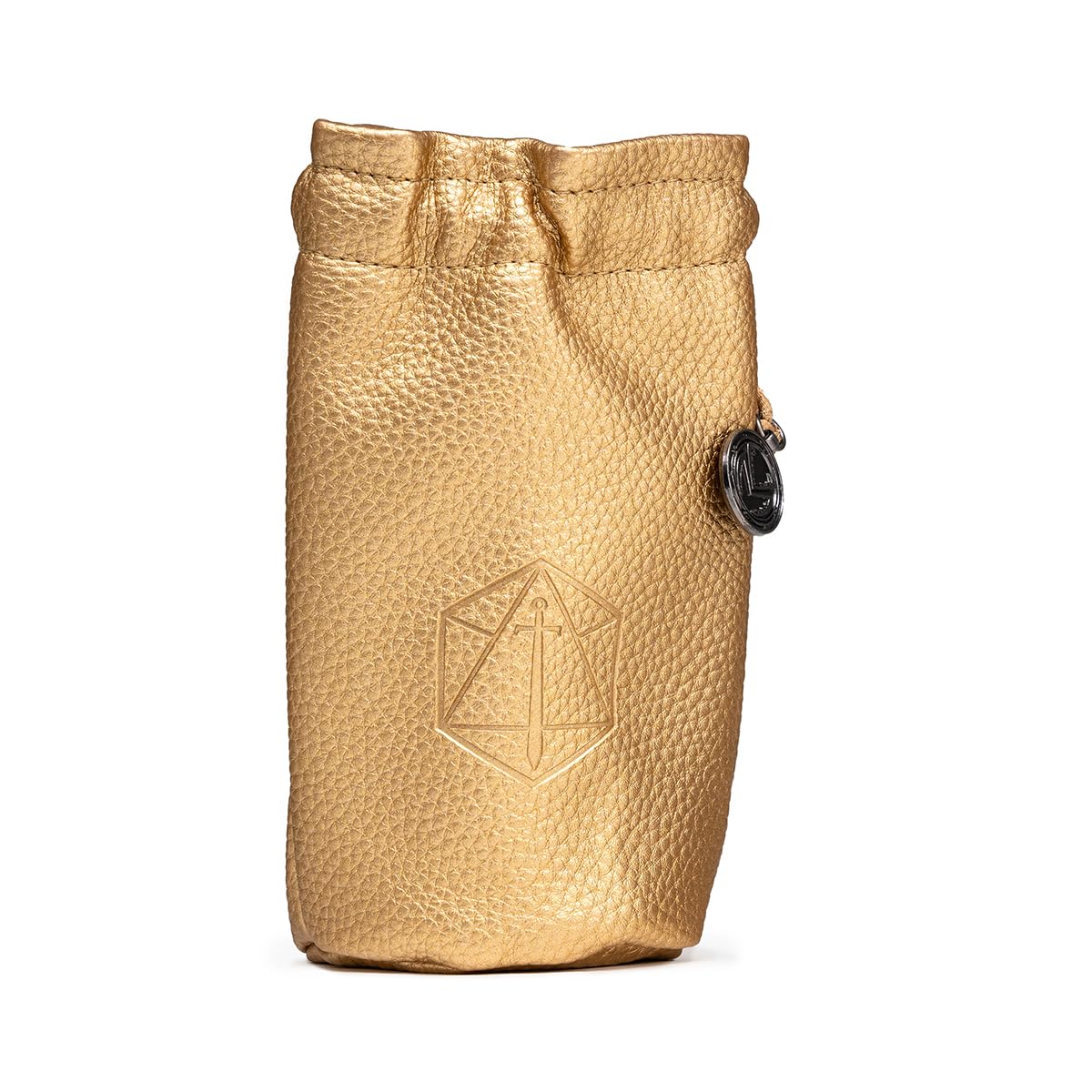 Golden pebbled leather drawstring dice bag with an embossed sword and polyhedral symbol, and a dark metal charm