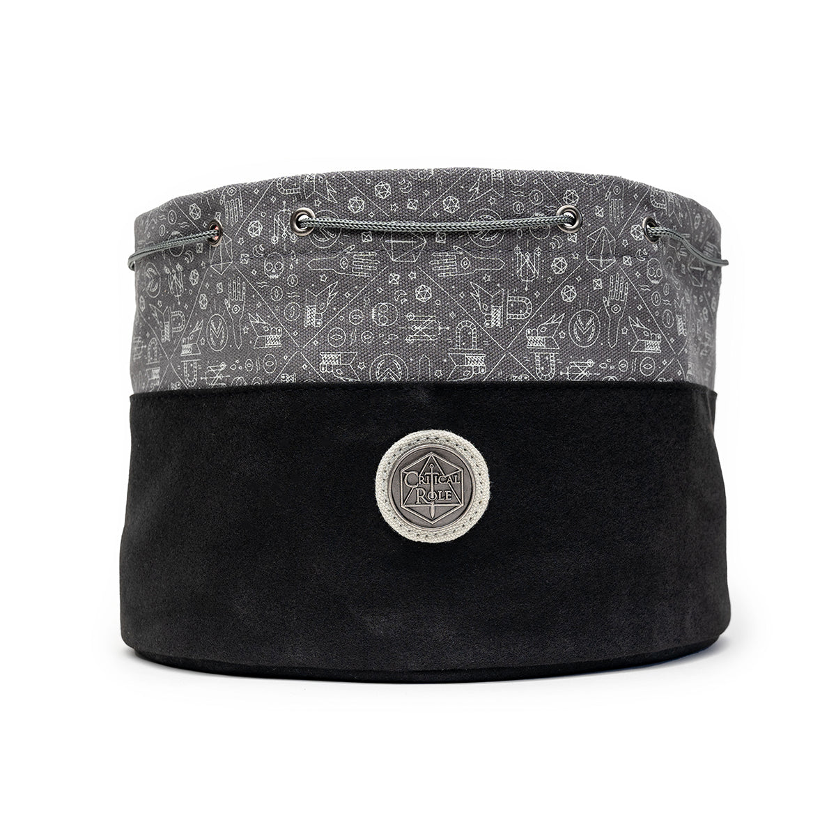 Black and grey Critical Role Bailey's drawstring dice bag with fantasy symbols and a metal logo