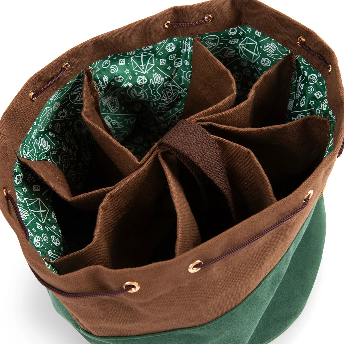 Brown and green drawstring dice bag with internal compartments and a green lining patterned with gaming dice