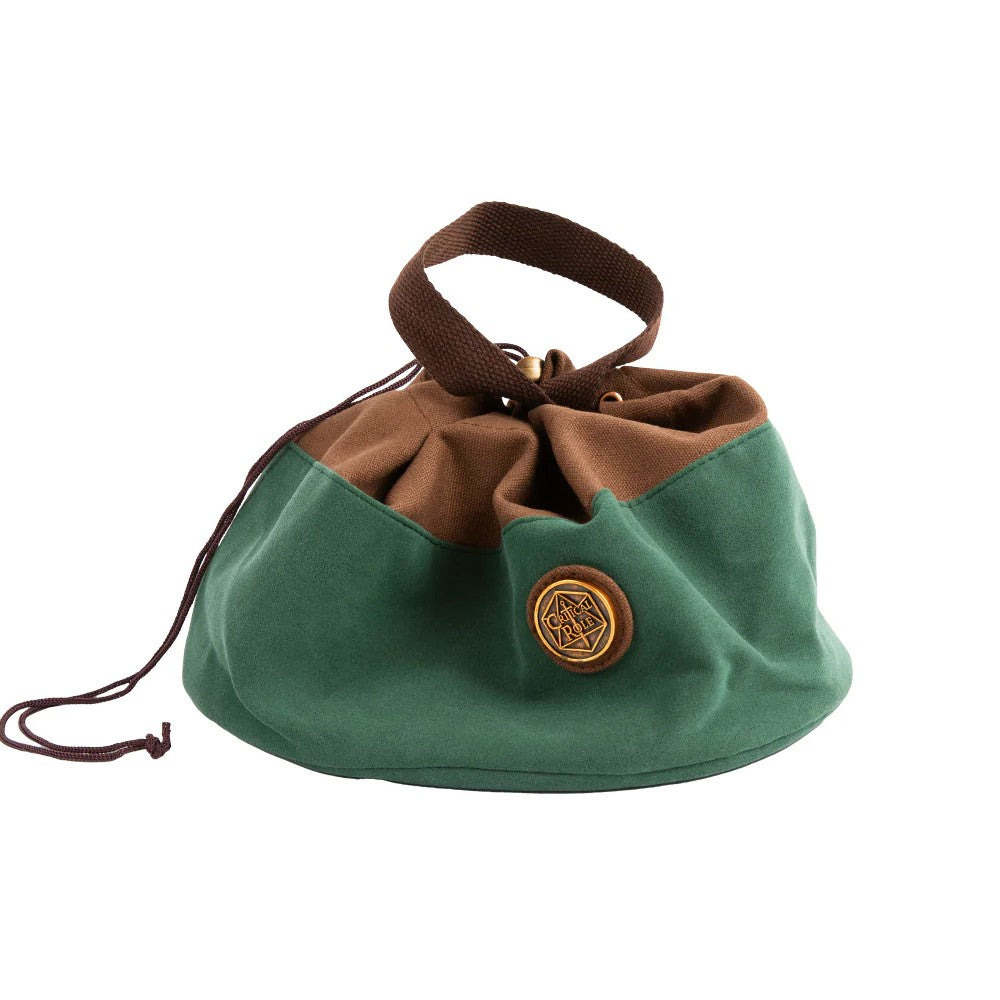 Green and brown Critical Role dice bag, cinched closed, with a gold emblem on the front