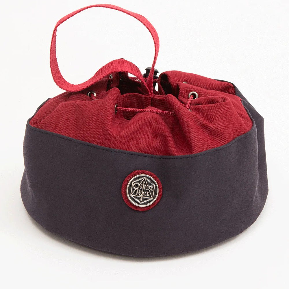 Two-tone charcoal and maroon Critical Role drawstring bag with emblem and red strap