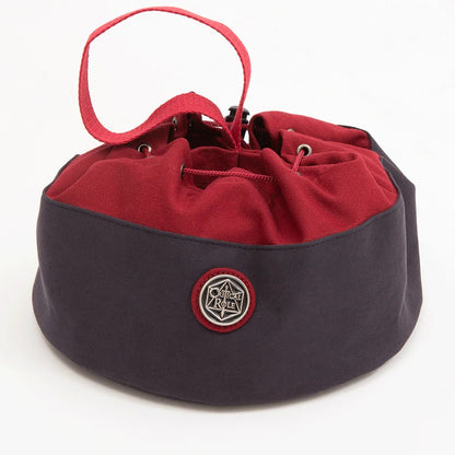Two-tone charcoal and maroon Critical Role drawstring bag with emblem and red strap