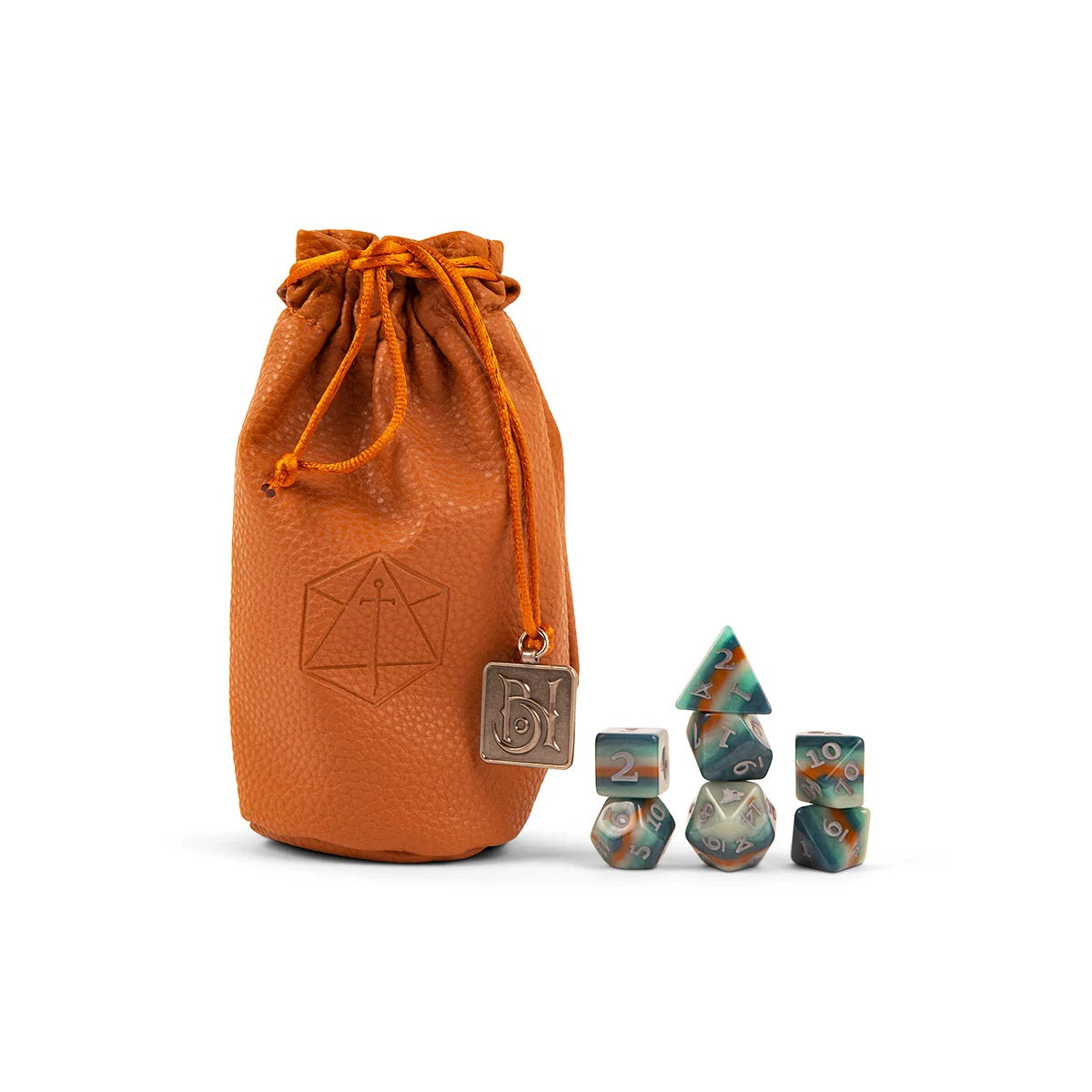 Orange leather dice bag with an embossed logo and metal charm, next to a stack of blue, orange, and cream polyhedral dice