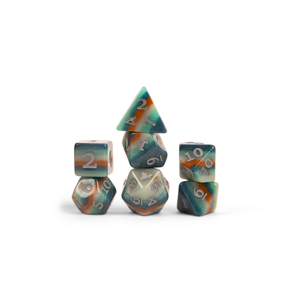 Seven swirled green, orange, and cream polyhedral gaming dice, stacked pyramid-style on a white background