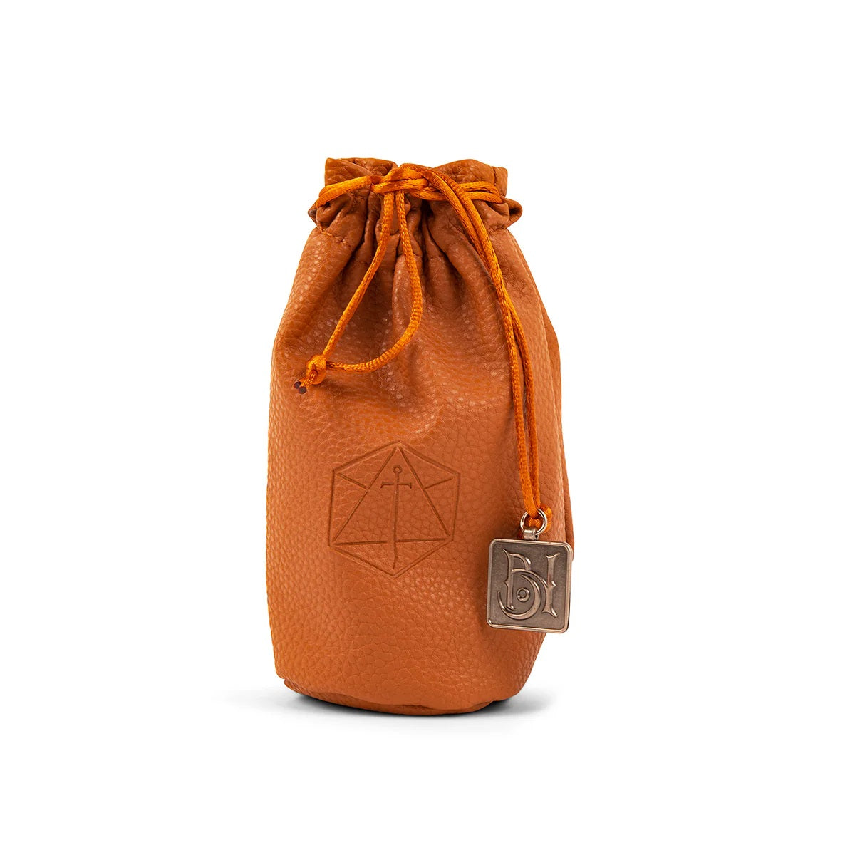 Tan pebbled leather dice pouch with an orange drawstring, embossed D20 symbol, and a rectangular metal logo charm