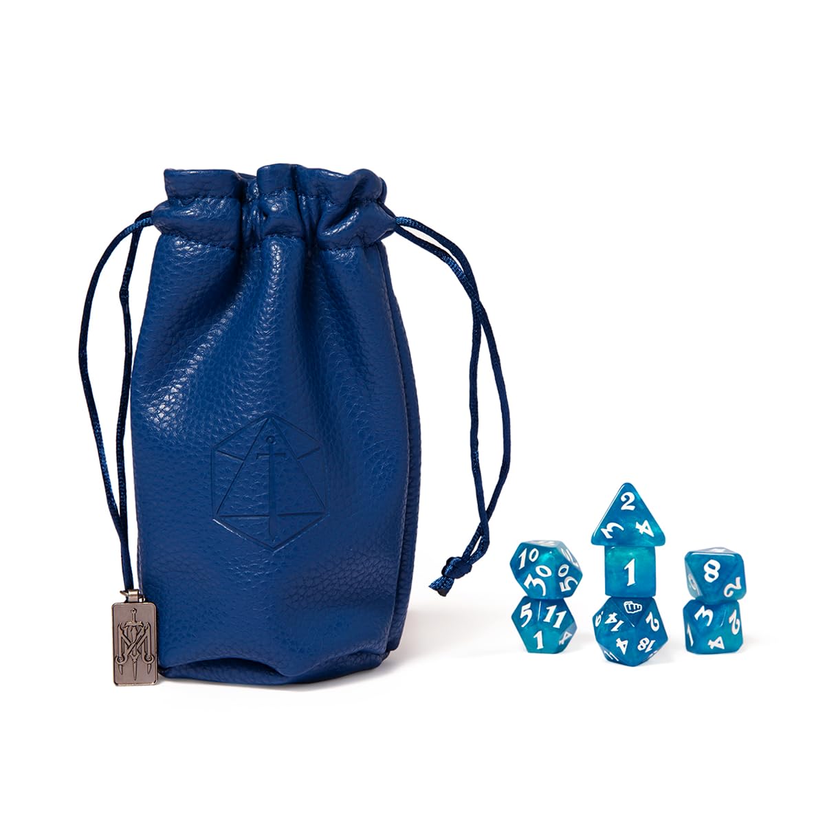 Blue pebbled leather dice bag with an emblem, alongside stacked translucent blue RPG dice