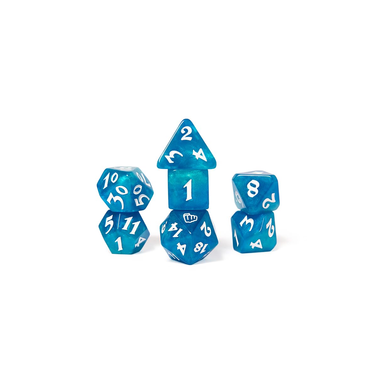 Shimmering blue polyhedral dice with white numbers, stacked in towers on a white background