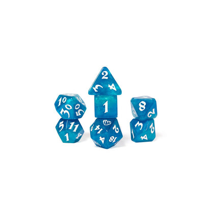Shimmering blue polyhedral dice with white numbers, stacked in towers on a white background