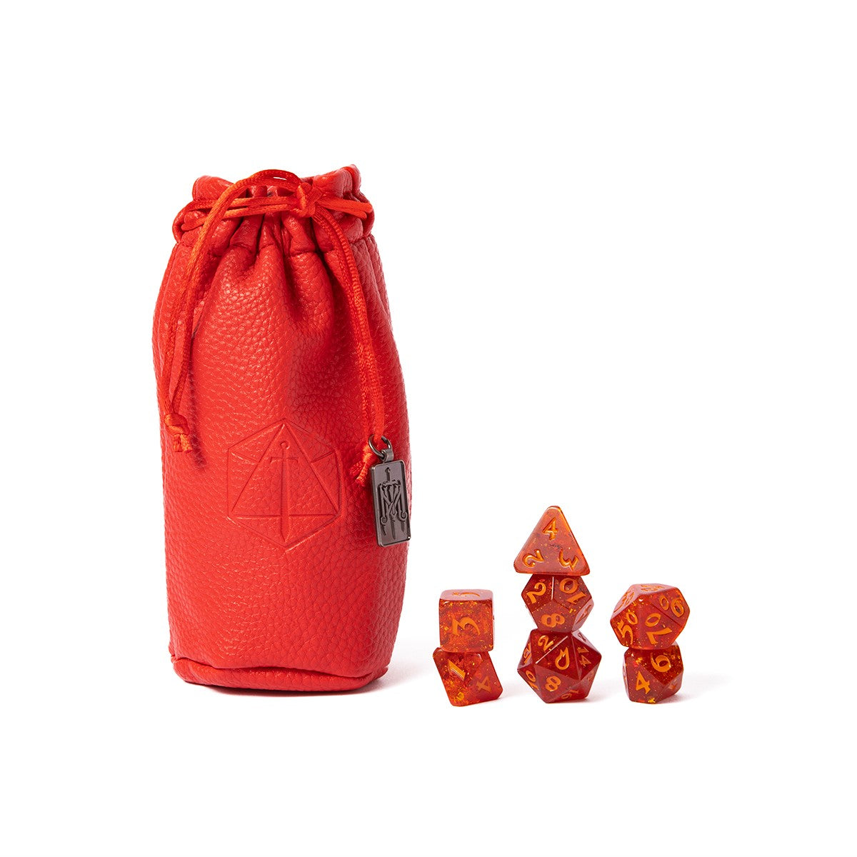 Red textured dice bag with logo and metal charm, next to gold-flecked orange polyhedral dice