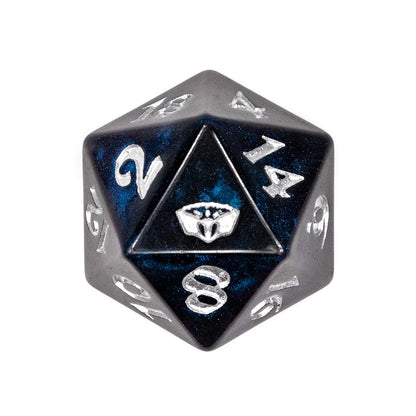 A dark blue D20 dice with shimmering blue swirls, showing a prominent silver gem icon, plus numbers 2, 8, 14