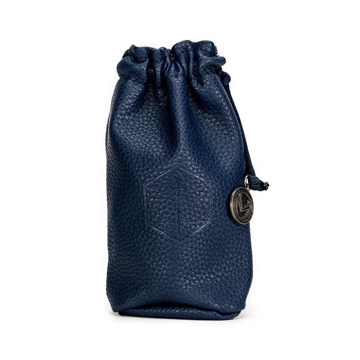 Navy textured drawstring pouch with an embossed geometric symbol on the front and a silver charm on the drawstring