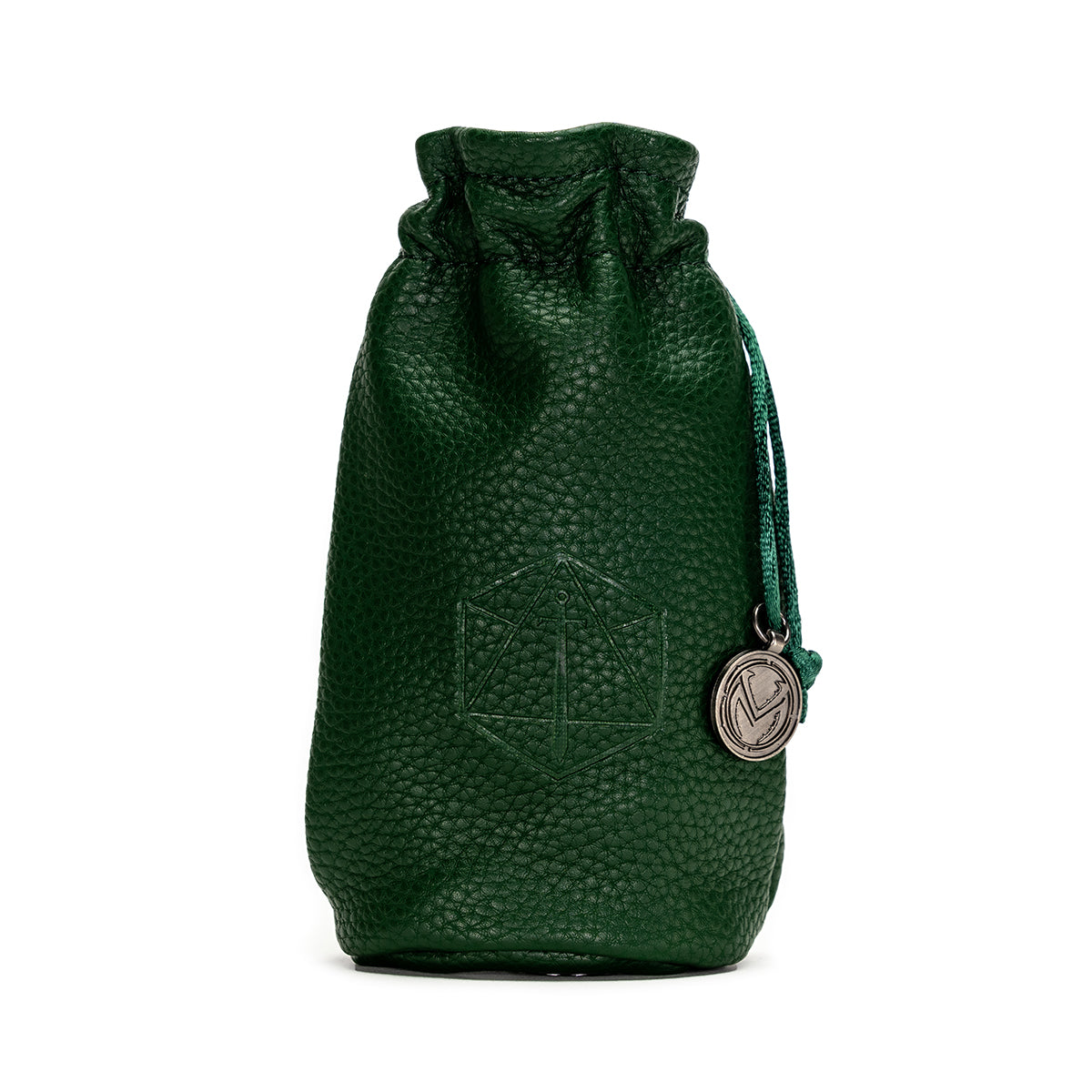 Green pebbled leather dice bag with an embossed d20 outline and a silver charm