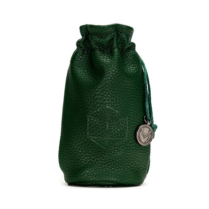 Green pebbled leather dice bag with an embossed d20 outline and a silver charm