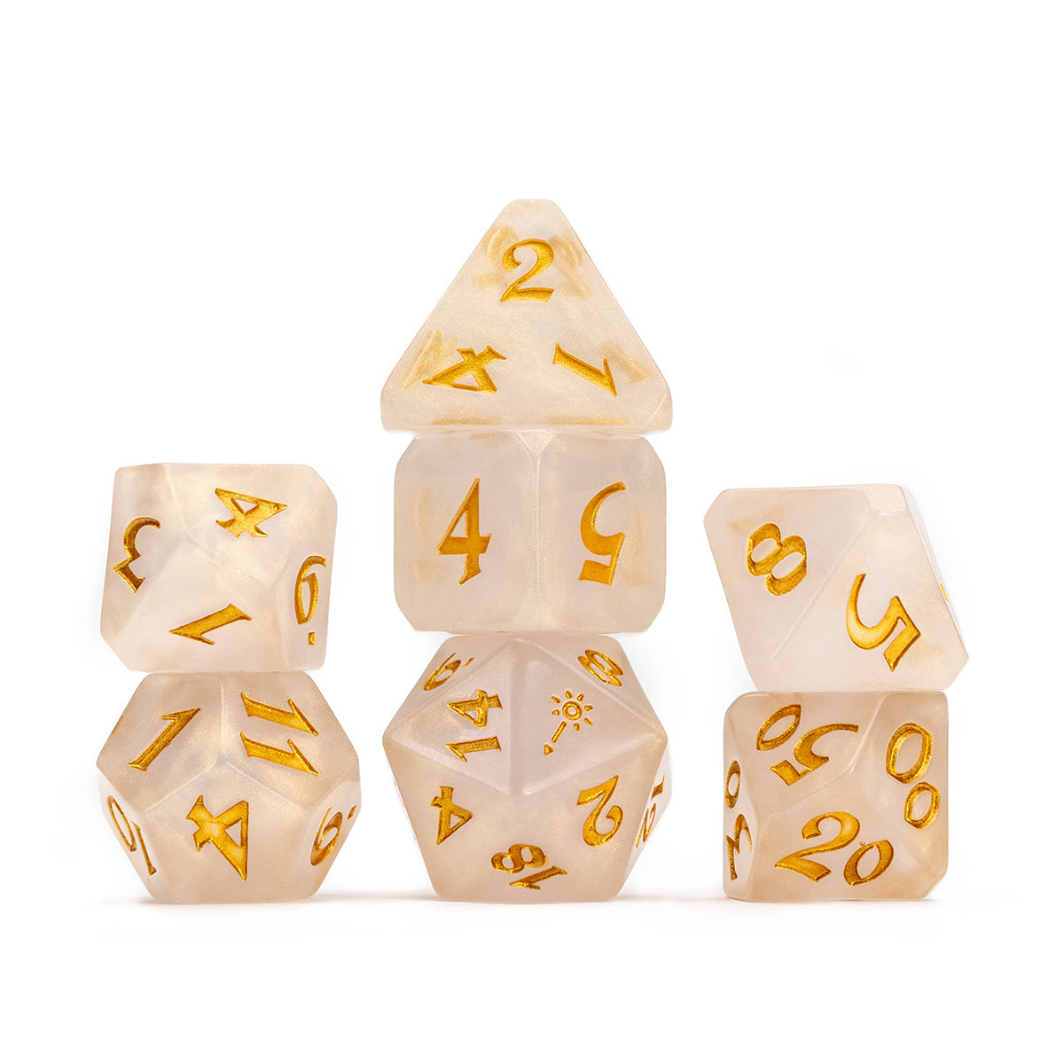 Pearlescent white polyhedral dice with gold numbers, stacked in a display against a white background