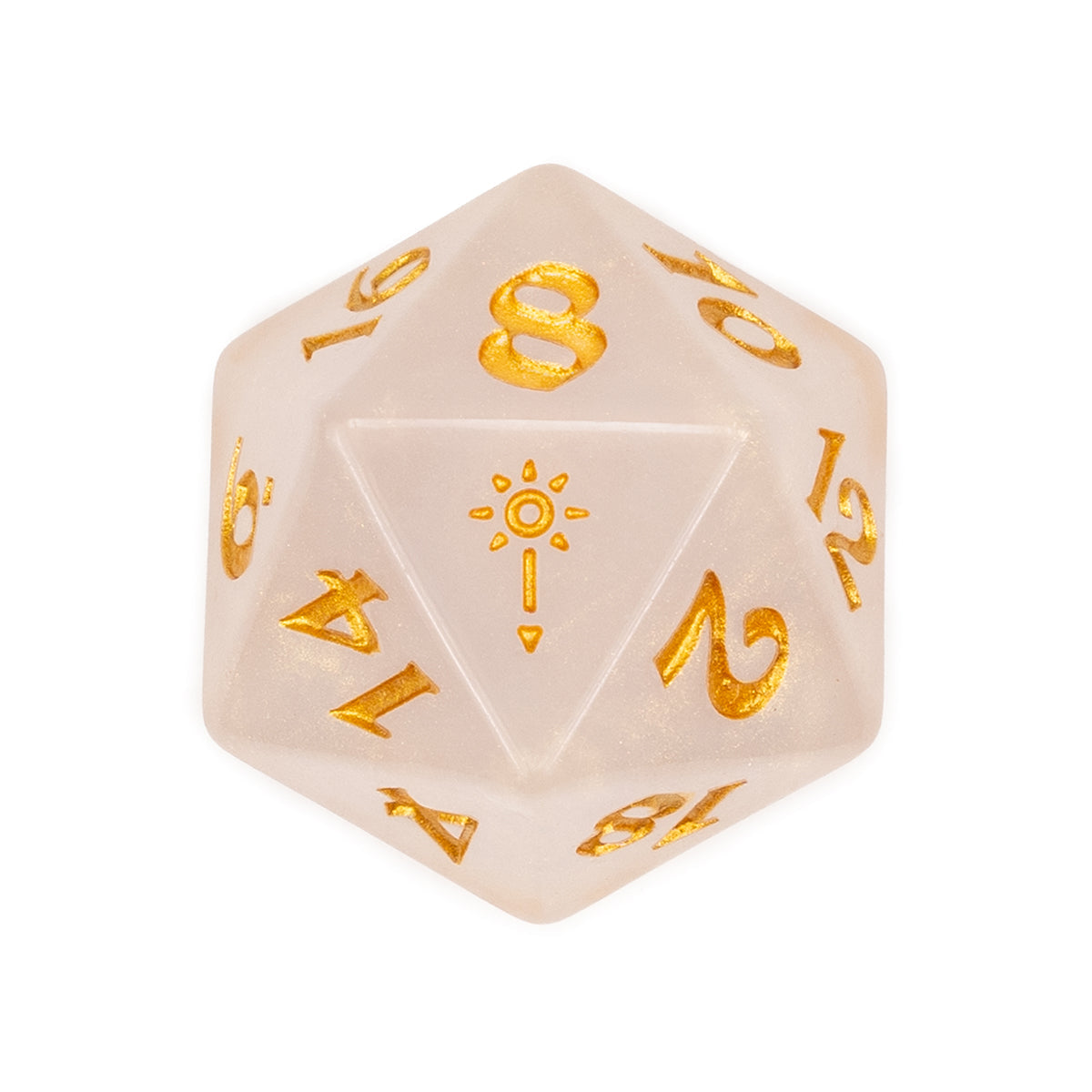 A translucent pearl D20 with gold numbers and a stylized sun symbol on the '1' face