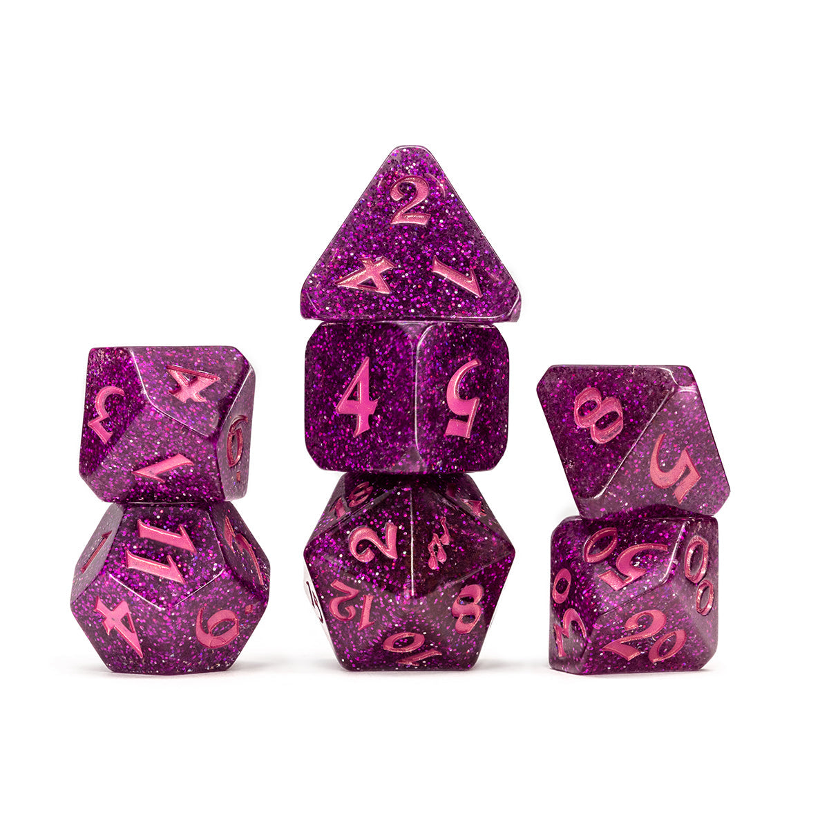 Seven sparkly purple polyhedral dice with pink numbers, arranged on a white background