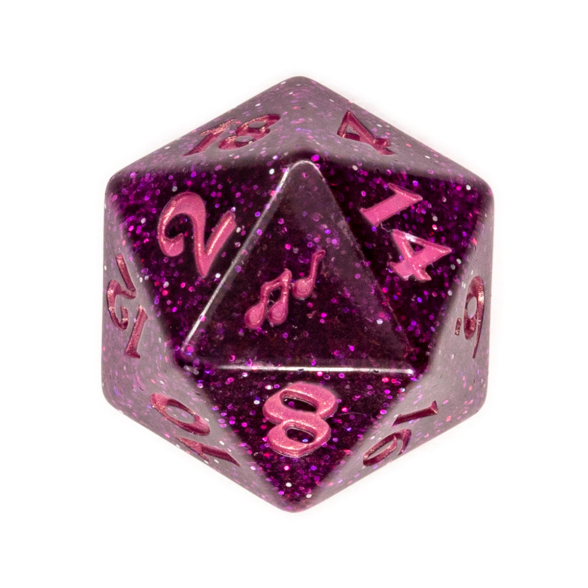 A purple glitter 20-sided die with pink numbers and musical notes