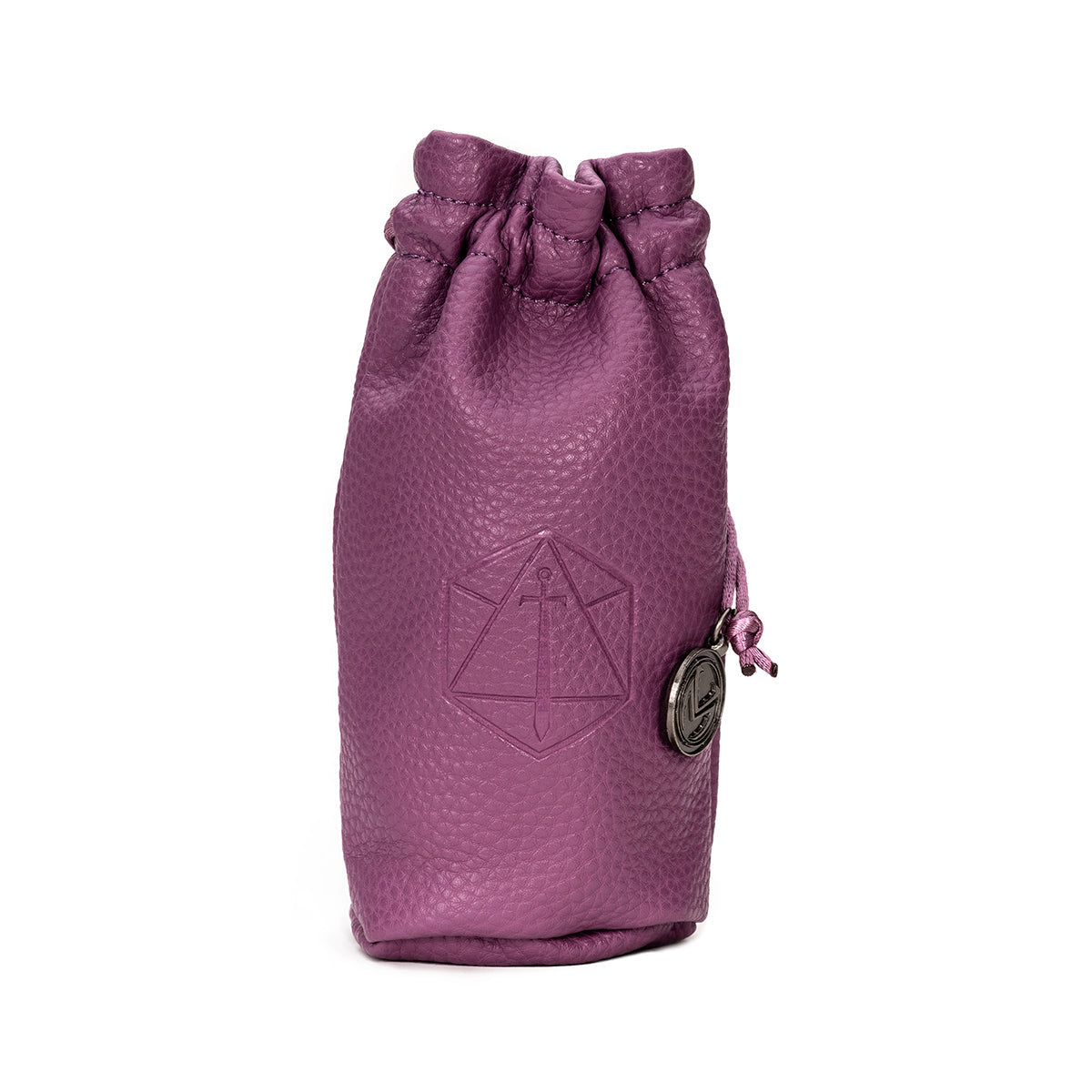 Plum leather drawstring bag with an embossed geometric sword symbol and a metal charm, on white