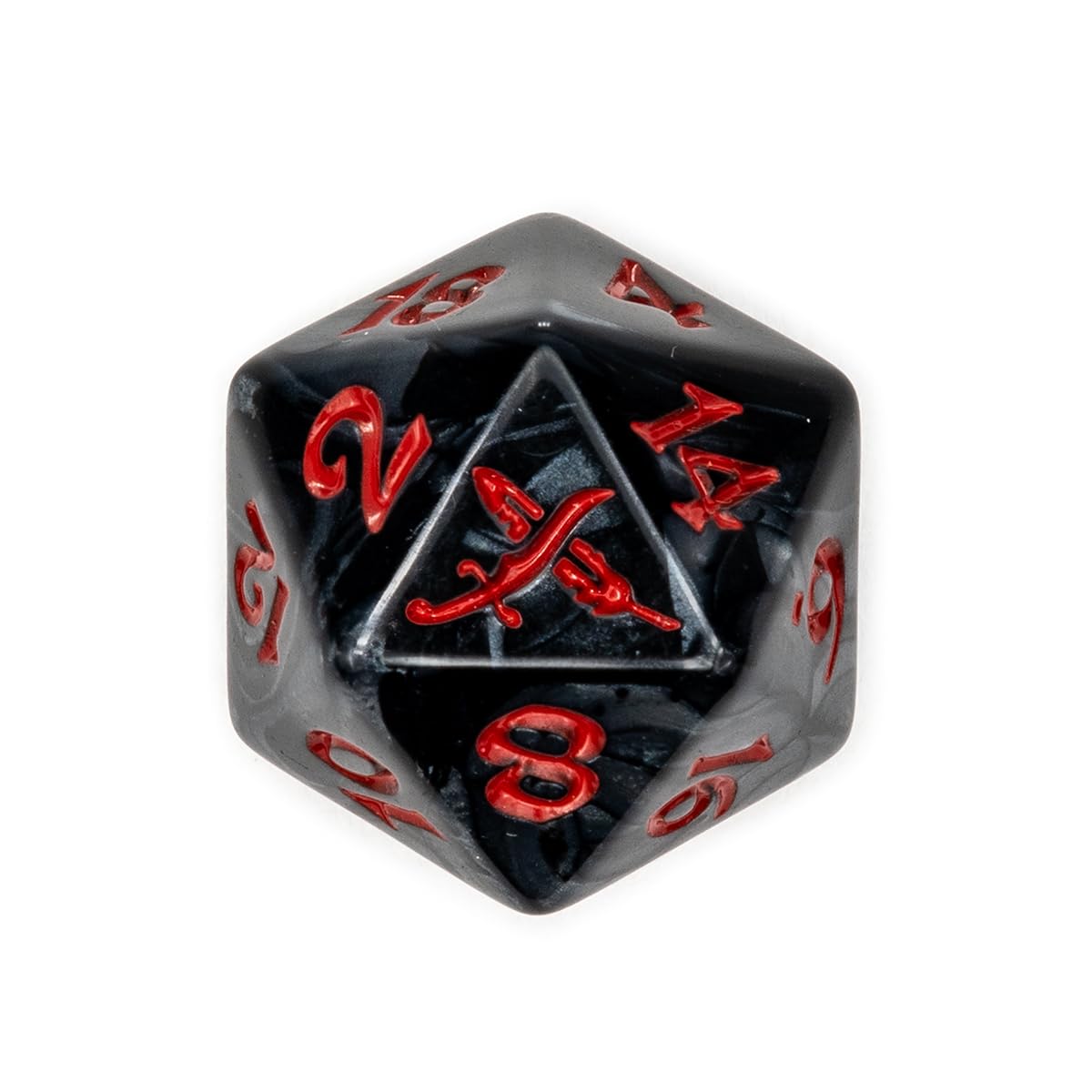 A marbled black d20 die with red numbers and a prominent red symbol of two crossed swords within a triangle on one face