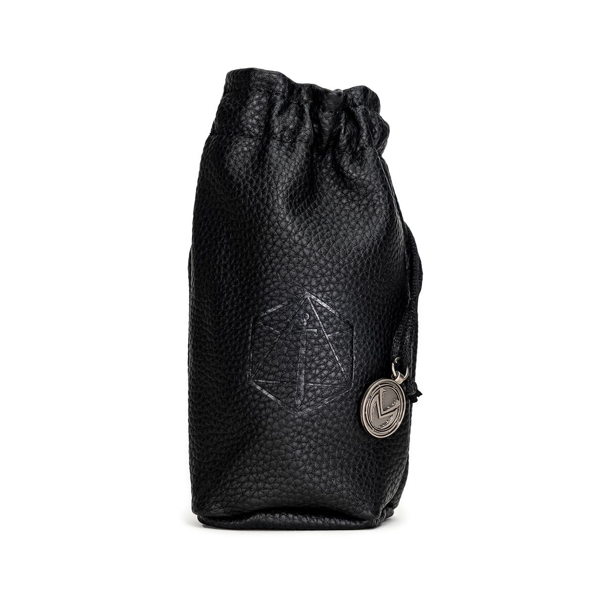 Black pebbled leather dice bag with an embossed D20 symbol and a silver charm, against a white background
