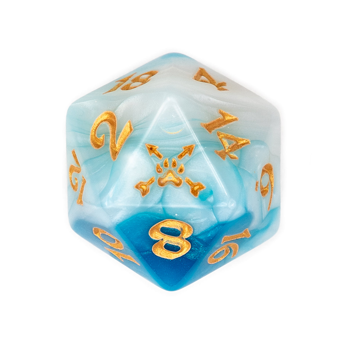 Swirling blue and white D20 die with gold numbers, featuring a gold paw print and arrows on top