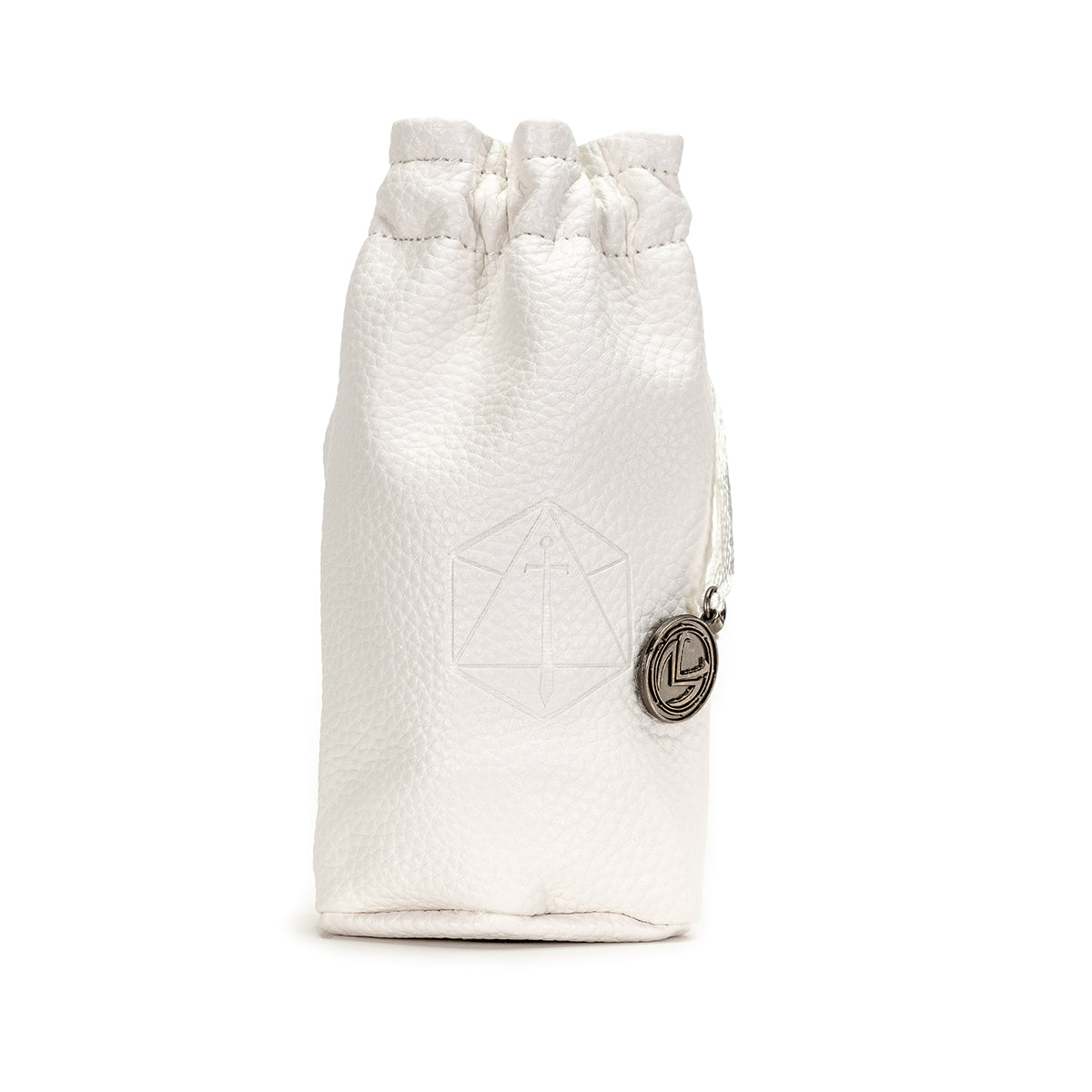 A textured white drawstring pouch with an embossed geometric sword design and a silver "L" charm