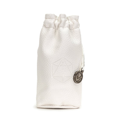 A textured white drawstring pouch with an embossed geometric sword design and a silver "L" charm