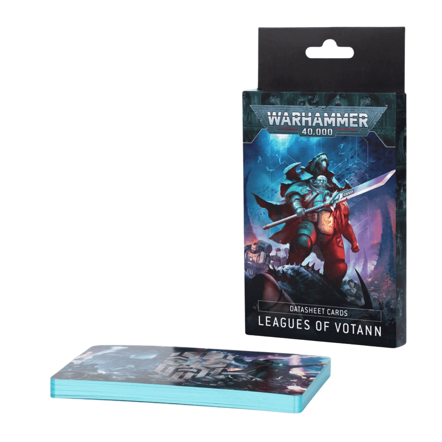 Warhammer 40,000 Leagues of Votann Datasheet Cards box showing a sci-fi warrior, with a stack of cards beside it