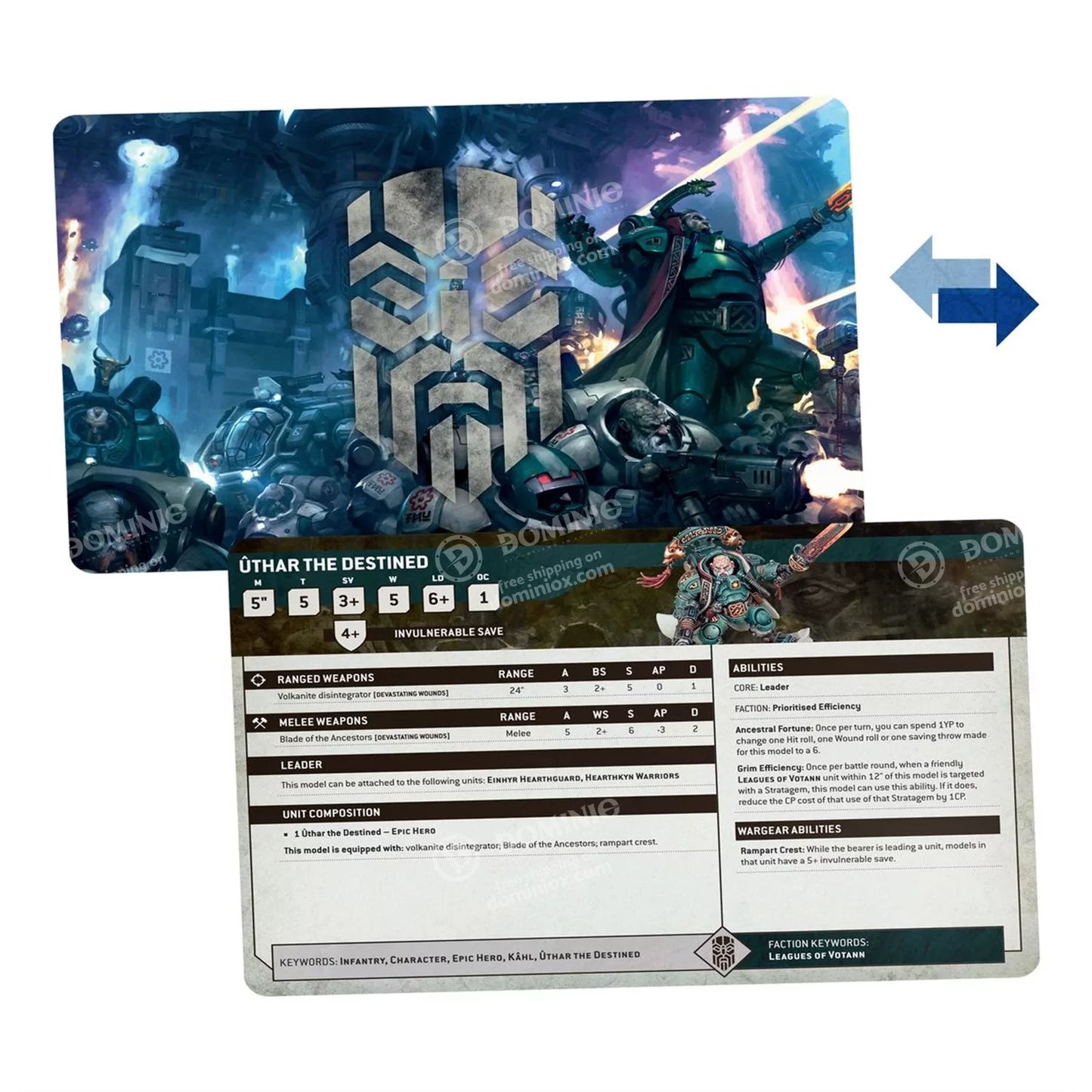 Warhammer 40k 'asthar the Destined' unit card, depicting a green-armored space dwarf leader with stats