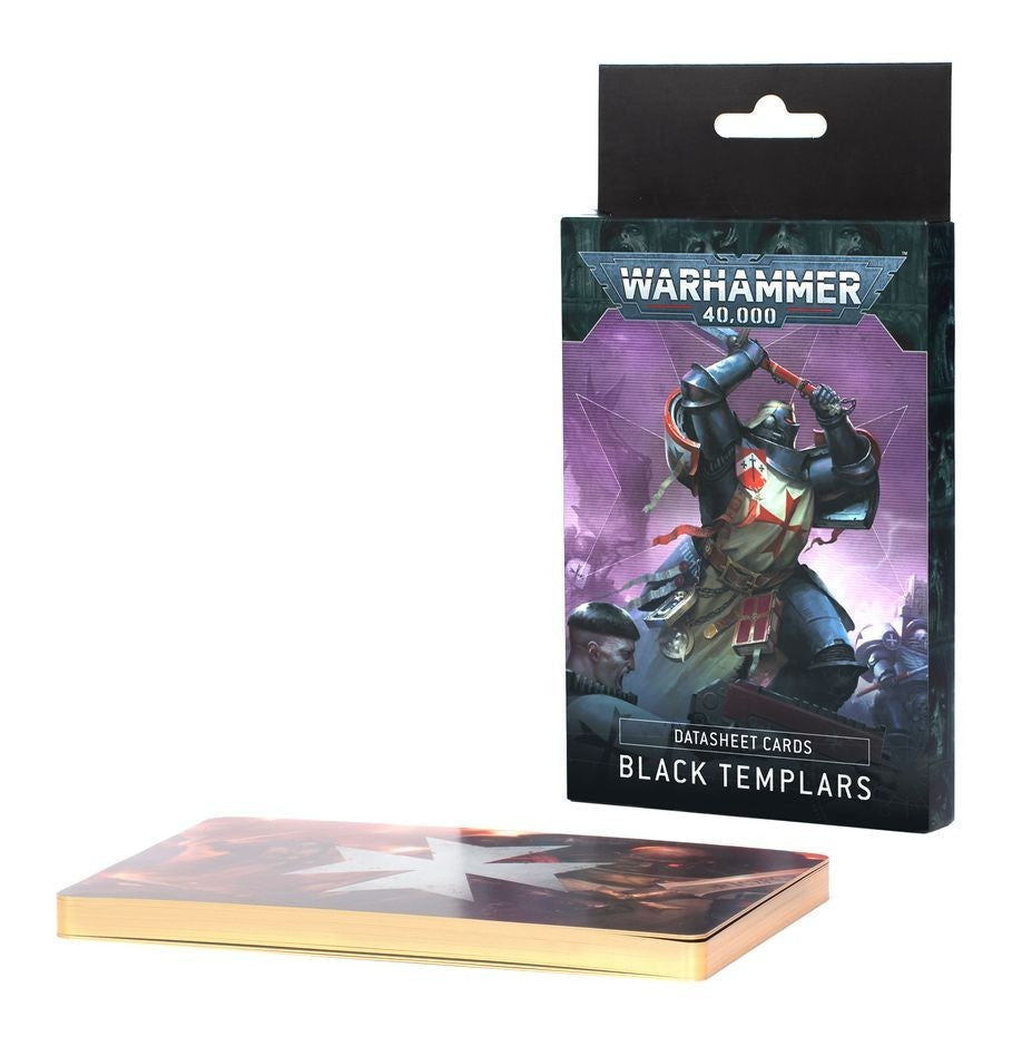 Warhammer 40,000 Black Templars Datasheet Cards box featuring a Space Marine, next to a stack of cards with Black Templar emblem and gold edges