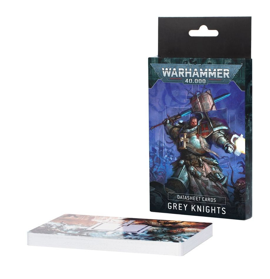 Warhammer 40,000 Grey Knights Datasheet Cards box featuring a Grey Knight in power armor, with a stack of cards in front