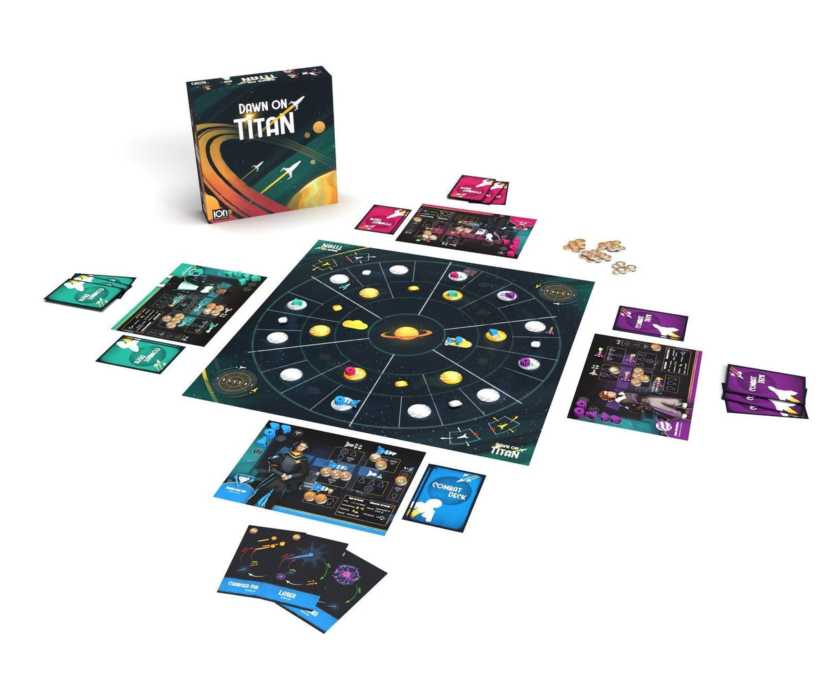 Angled view of Dawn on Titan game box placed on a wooden table, showing the game&#39;s space-themed artwork and logo