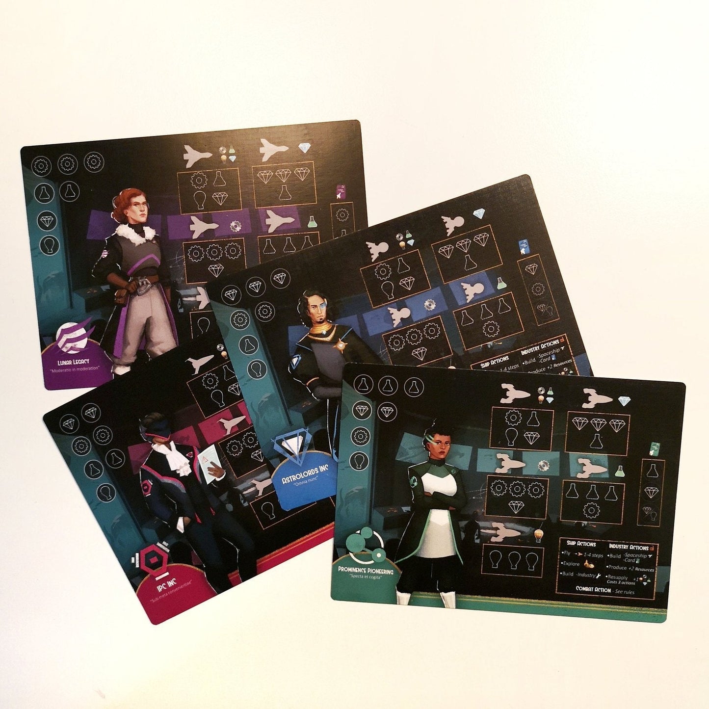 Table setup of Dawn on Titan during gameplay, featuring modular tiles, fleets, player boards, and various game components in play