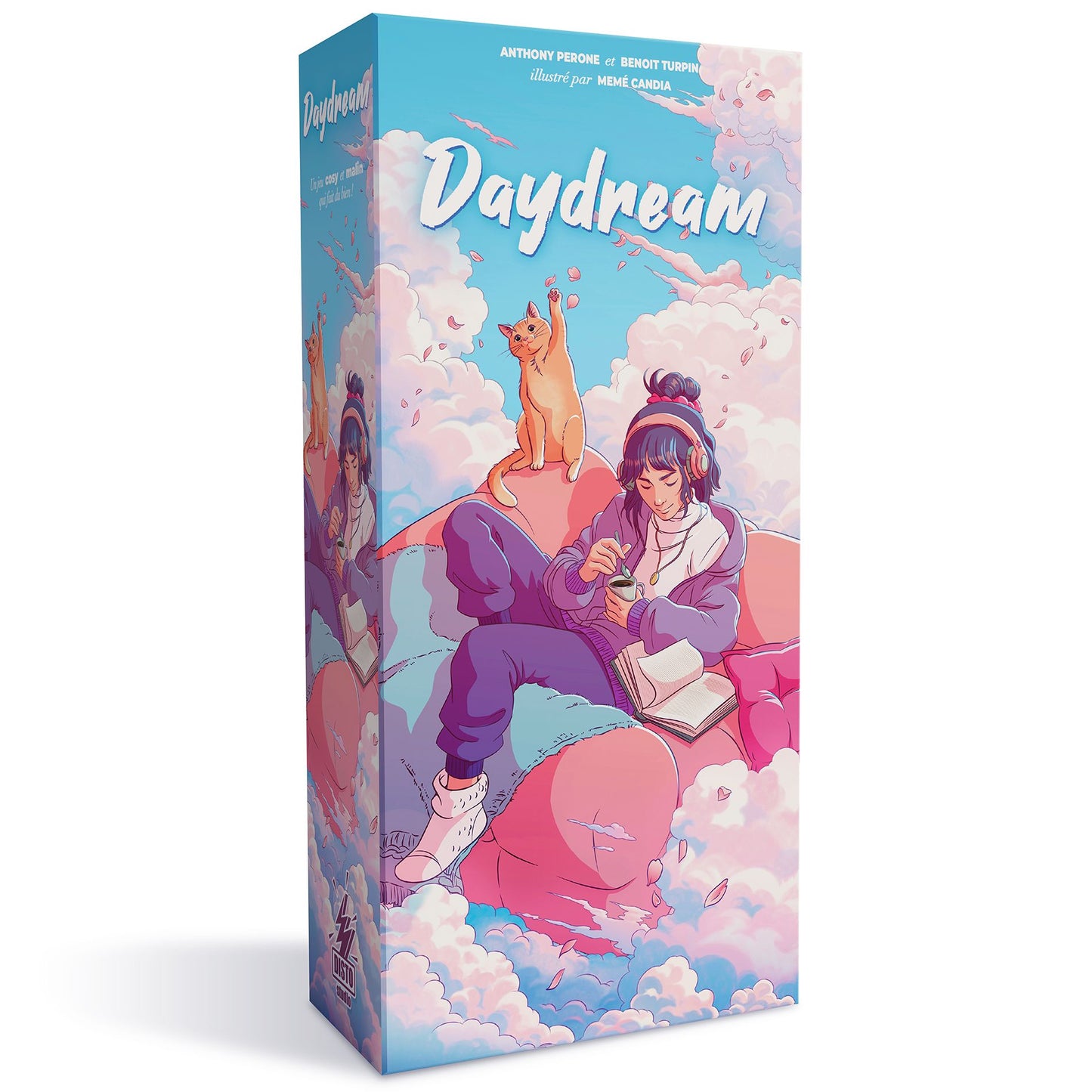 Daydream game box cover: A person on pink clouds, reading a book, sipping coffee, with a playful orange cat