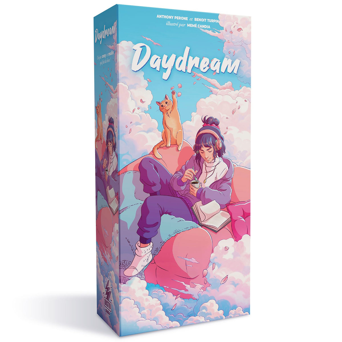 Daydream game box cover: A person on pink clouds, reading a book, sipping coffee, with a playful orange cat