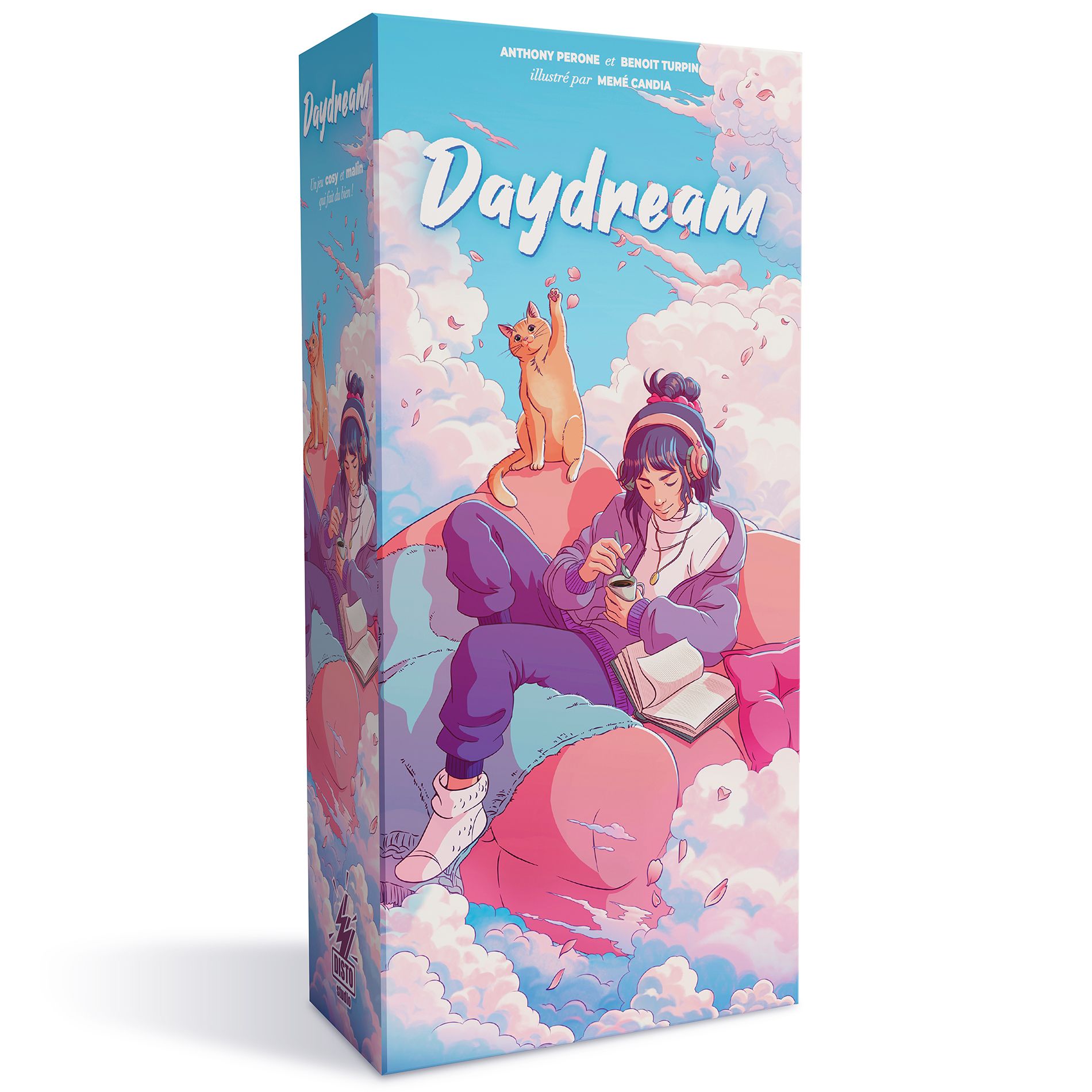 Daydream game box cover: A person on pink clouds, reading a book, sipping coffee, with a playful orange cat