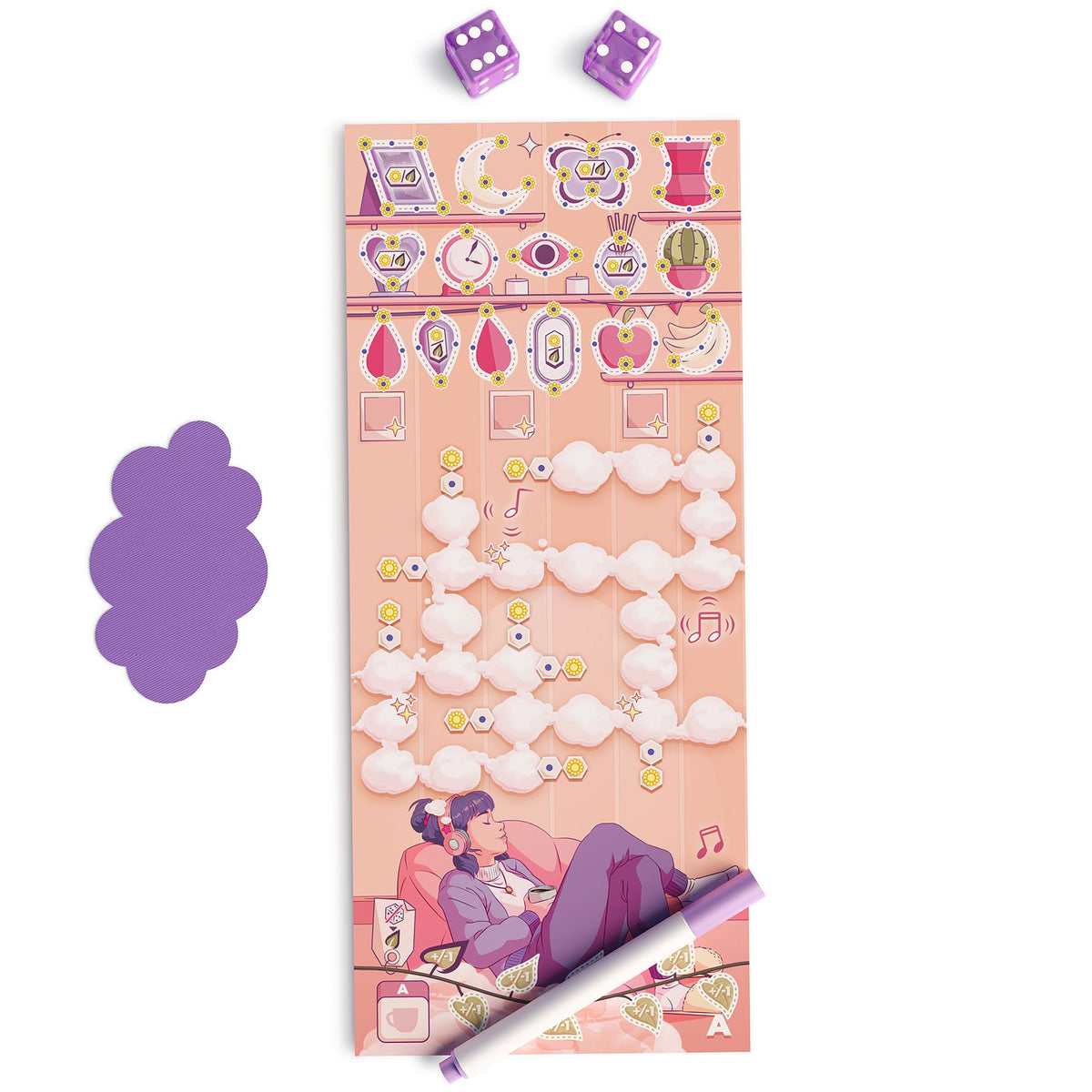 Cartoon board game with a long vertical board showing item and cloud paths, a relaxing person, dice, and a token