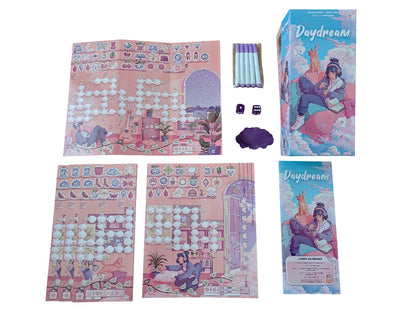 Daydream board game components laid out: anime box, rulebook, pink game boards, dice, and various white and purple tokens
