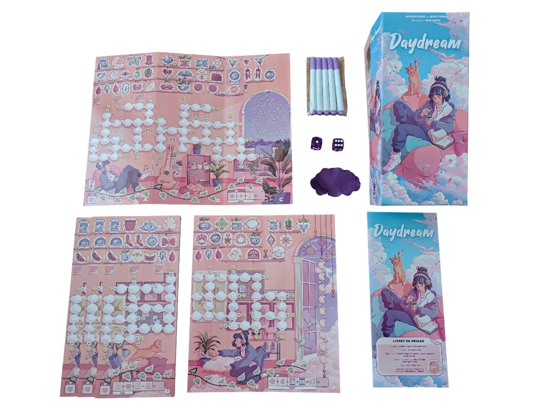 Daydream board game components laid out: anime box, rulebook, pink game boards, dice, and various white and purple tokens