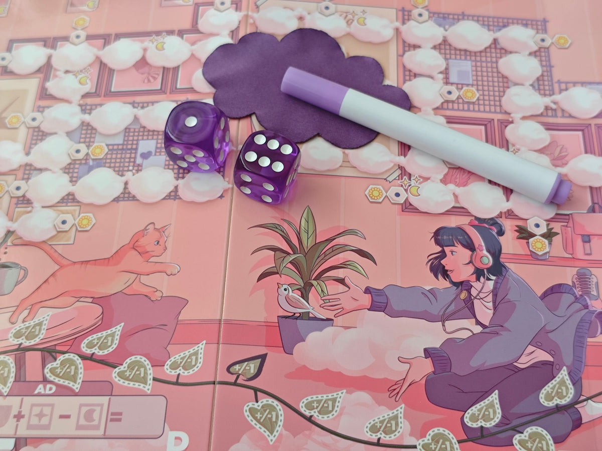 Pink board game with anime art of a girl and cat, alongside two purple dice, a purple marker, and cloud path tokens