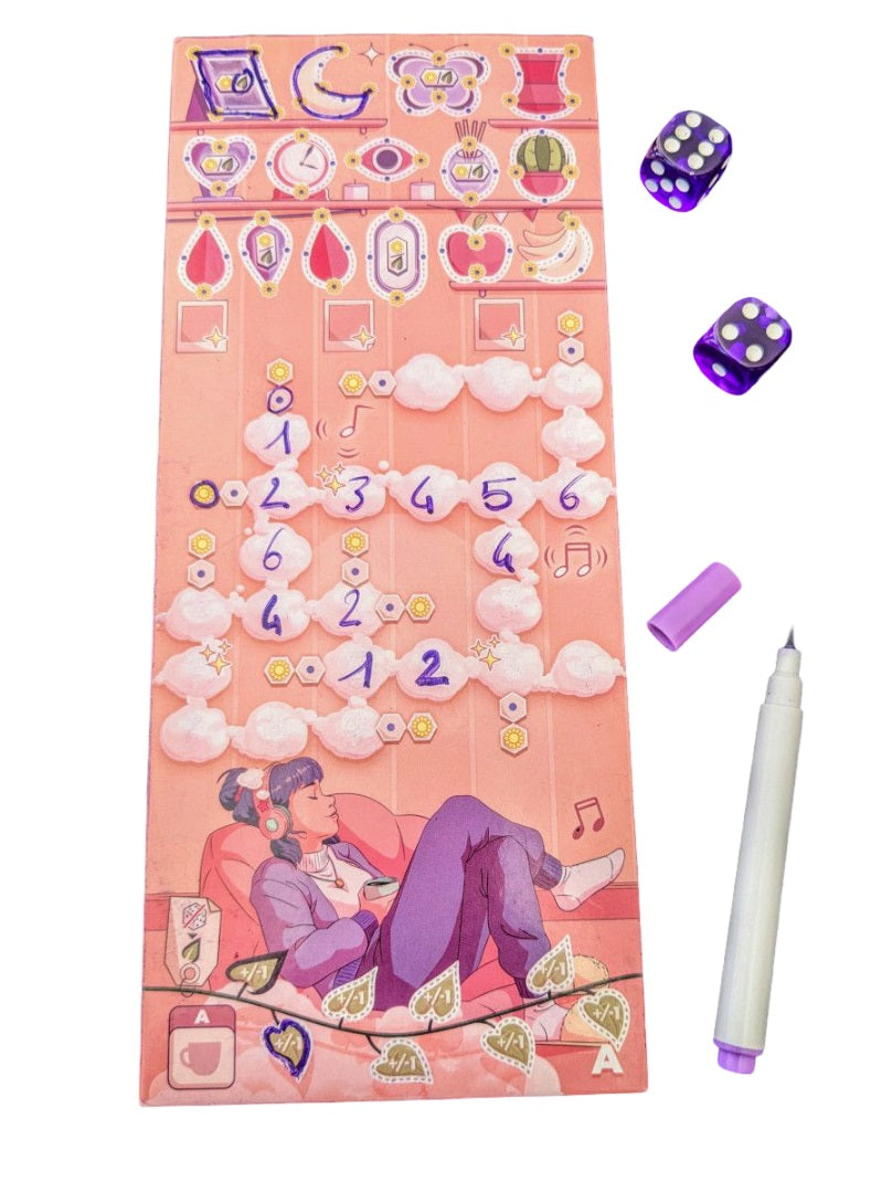 A dreamy pink game board with cloud paths, numbered progress, a relaxed person with headphones, purple dice, and a pen