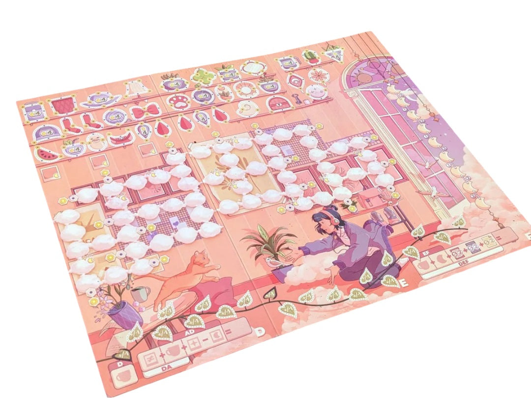 Illustrated pastel board game shows a person with headphones tending plants, an orange cat, and many cloud-shaped tokens