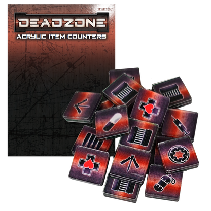 Deadzone acrylic item counters: Square game tokens with medical, weapon, and supply icons, next to the product box