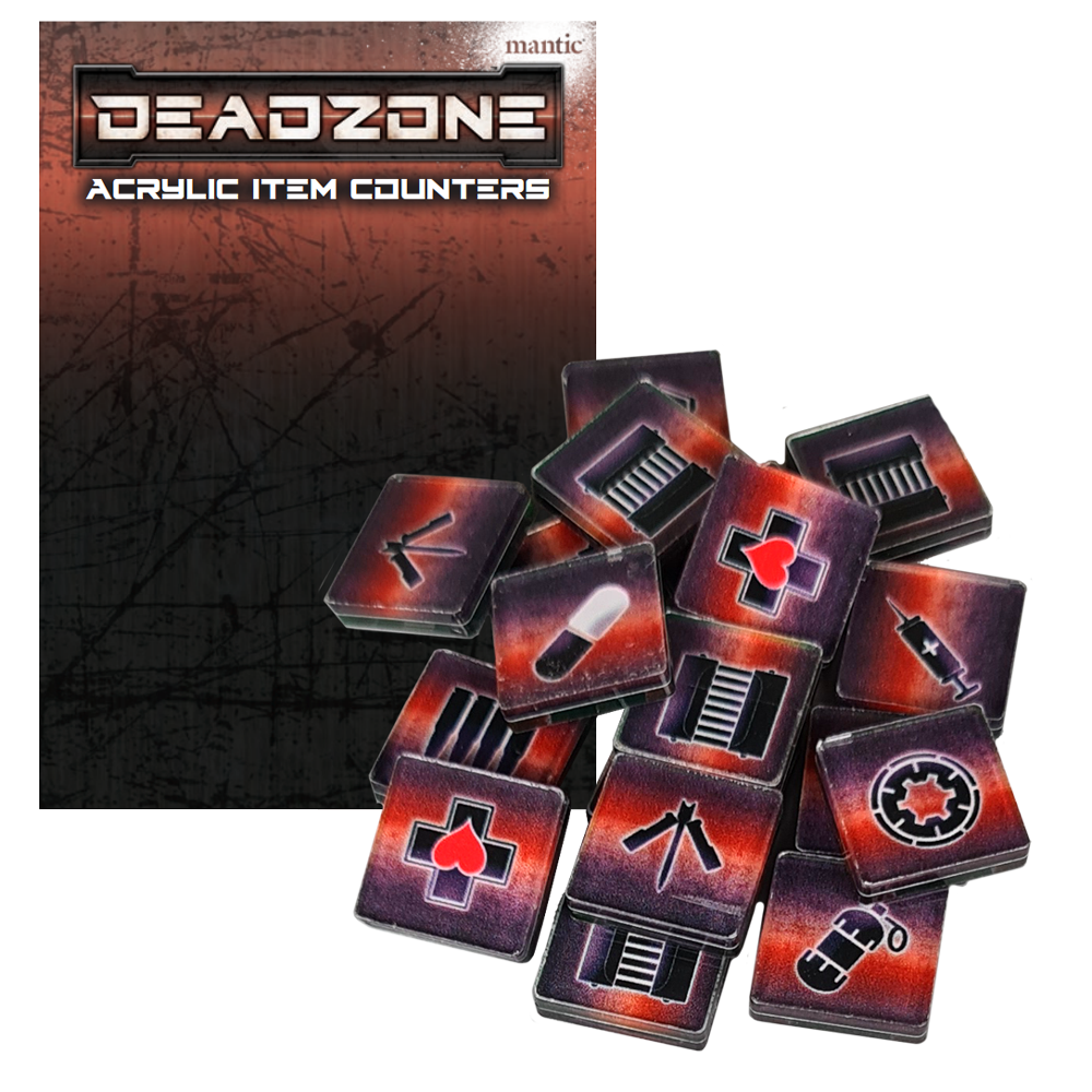 Deadzone acrylic item counters: Square game tokens with medical, weapon, and supply icons, next to the product box