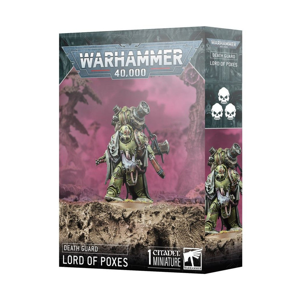 Warhammer 40K: Death Guard Lord of Poxes miniature on its box. Green, heavy-armored figure with a large backpack cannon