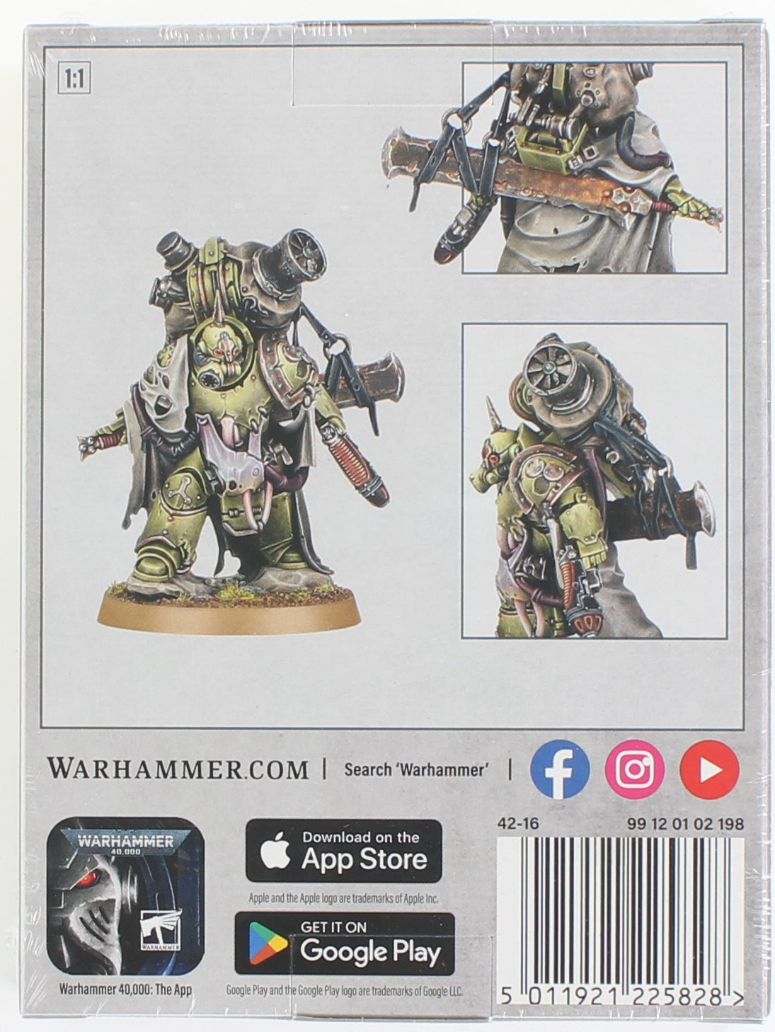 A detailed green Warhammer 40,000 miniature with a large backpack weapon and sword, shown in multiple views