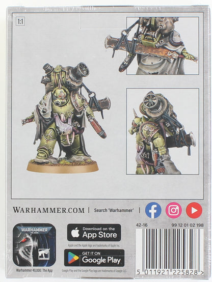A detailed green Warhammer 40,000 miniature with a large backpack weapon and sword, shown in multiple views